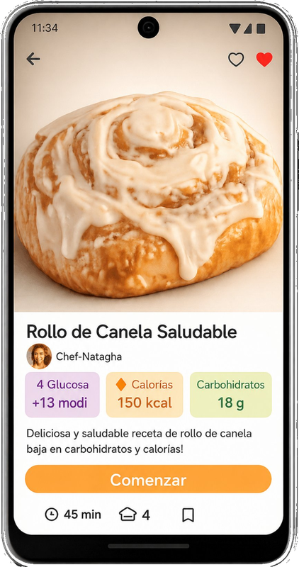 Mockup do Clean Sweet App mostrando receita de Rollo de Canela